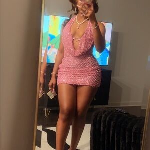 Chic Pink Beaded Backless Dress